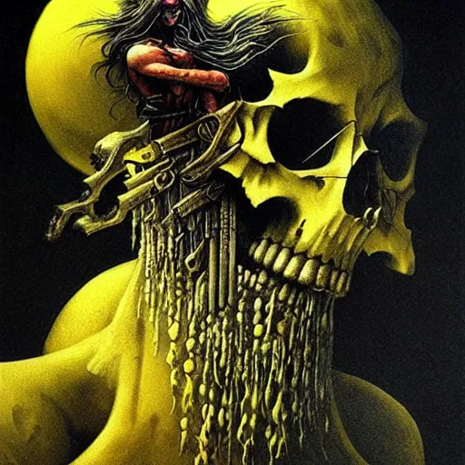 Image similar to barbarian loaded with weapons and animal skulls by beksinski and tristan eaton, black and yellow, dark neon trimmed beautiful dystopian digital art