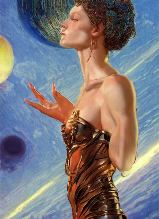 Image similar to biblical strong beautiful female android, bright glowing veins, in clouds, sunset, accretion disk, fashion posing, portrait, by gerald brom, by mikhail vrubel, by peter elson, muted colors, extreme detail, reflections, trending on artstation, 8 k