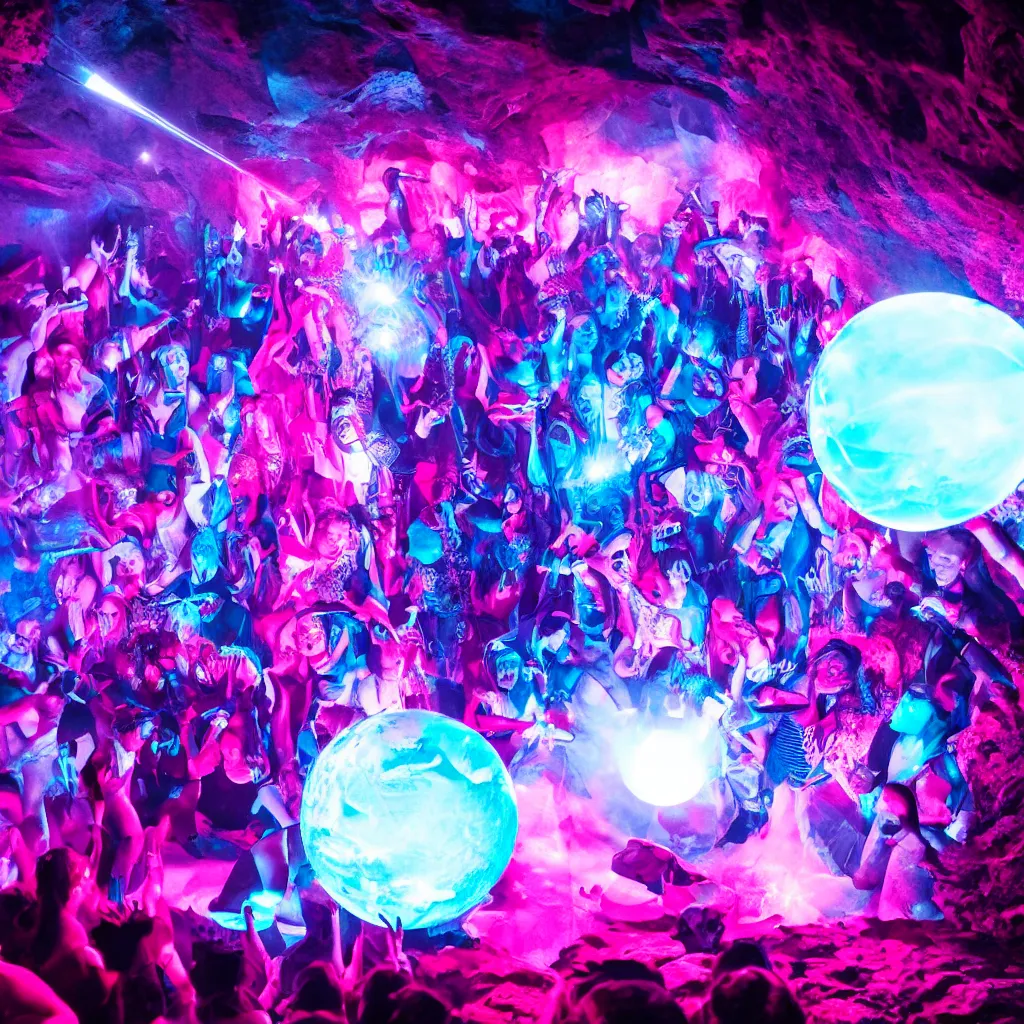 Prompt: cinematic shot of a goth disco in a cave, brutal weapons made of pink lasers and blue crystals forming a sphere, 8k photograph