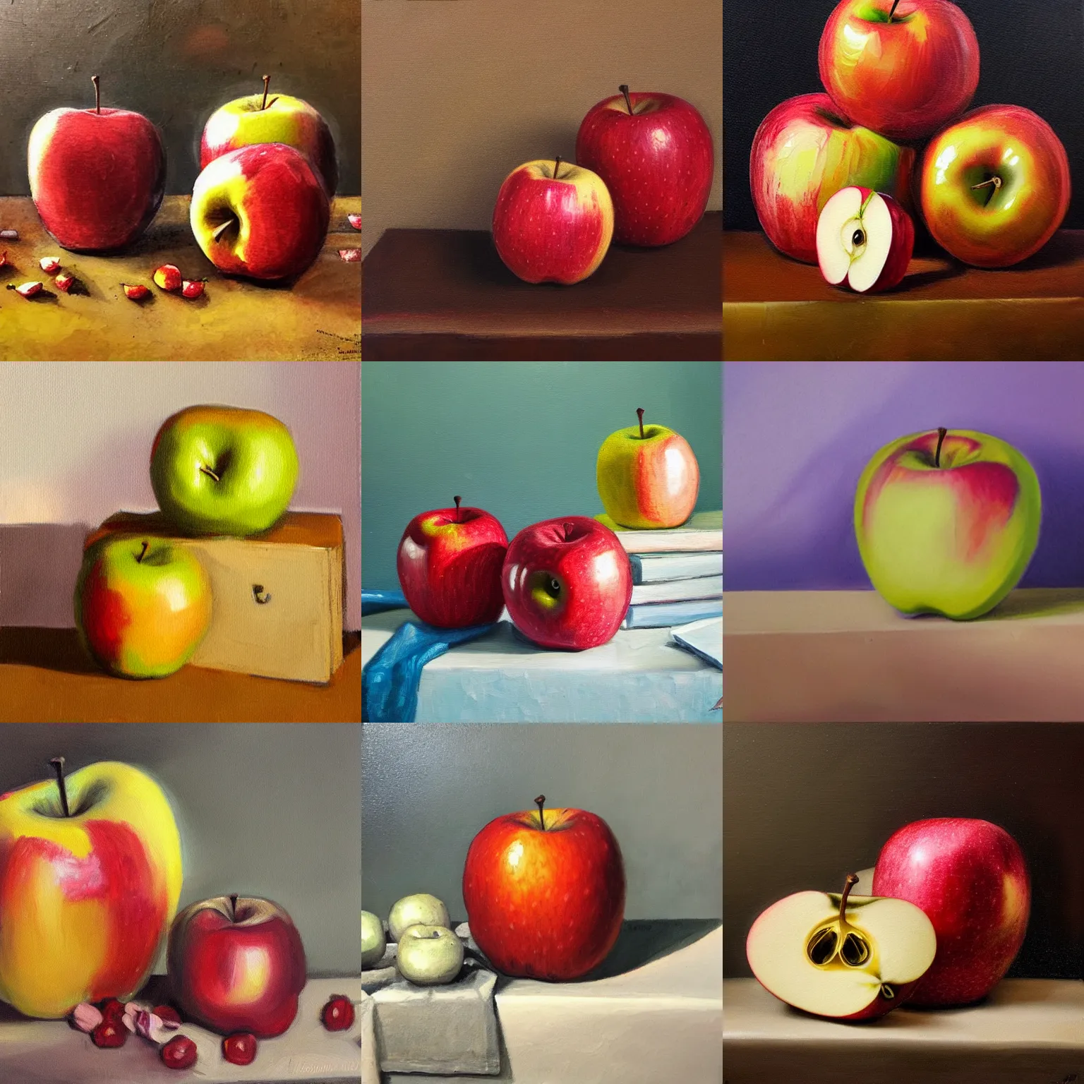 Prompt: a still life painting on an apple