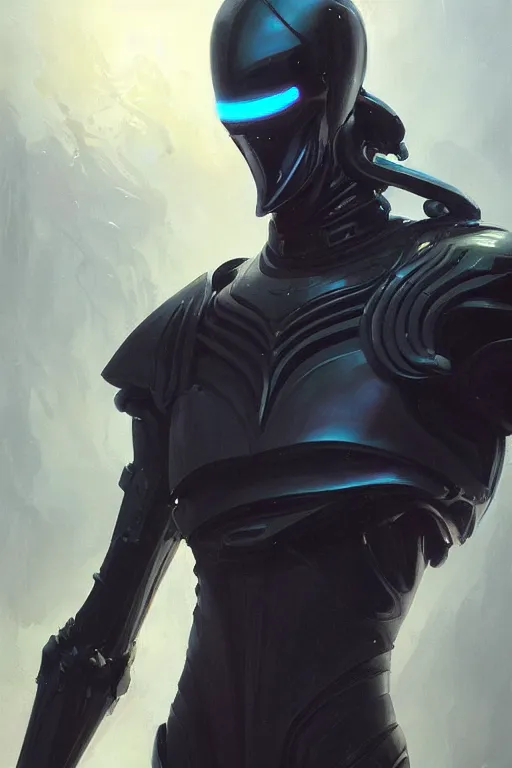 Image similar to iridescent sinewy smooth muscular male sleek glossy black pearlescent scifi armor with smooth black featureless helmet, by greg rutkowski, mark brookes, jim burns, tom bagshaw, magali villeneuve, eve ventrue, trending on artstation