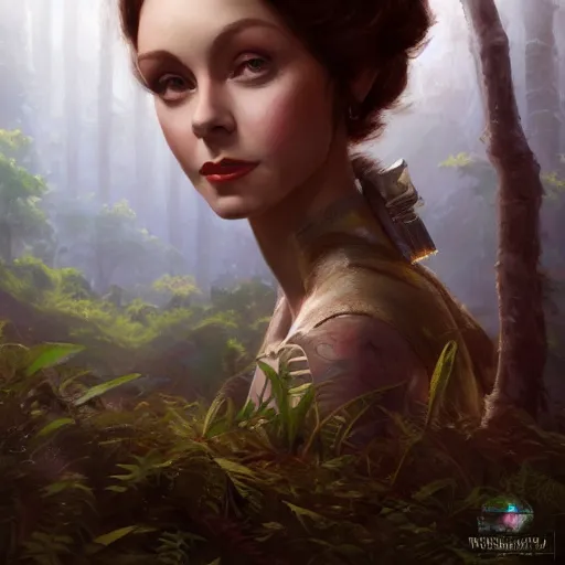 Prompt: closeup portrait of a young vivian leigh with elf ears, forest background, megacity, high fantasy, gorgeous view, depth, high detail, digital art, painted by greg rutkowski, trending on artstation