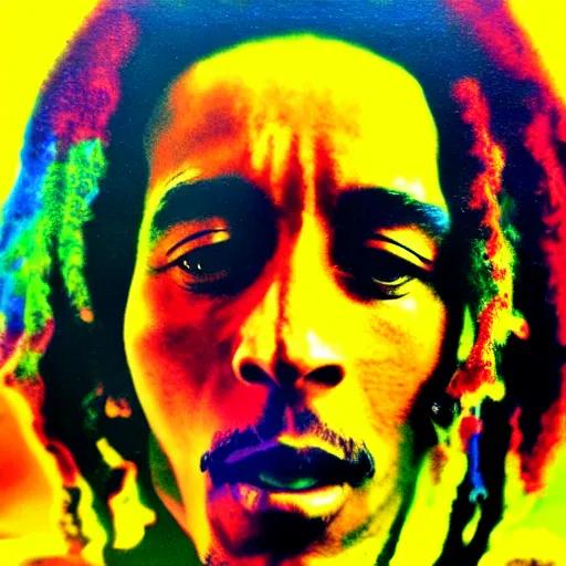 Image similar to colour masterpiece surreal closeup portrait photography of bob marley, highly detailed pop art, weird surreal epic psychedelic complex biomorphic 3 d fractal landscape, 8 k