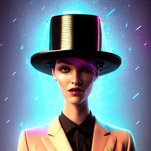 Image similar to alien stylish woman cartoon portrait made out of rain, pinstripe suit, top hat, galactic background, rendered in octane, unreal engine, highly detailed, trending on artstation, realistic, neon, beautiful