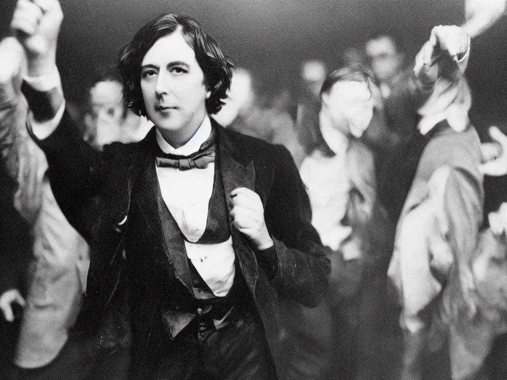 Image similar to dslr close up photo of oscar wilde dancing at a gay club, color, photography, 8 k, highly detailed, lighting, cmyk, realism, 3 5 mm, modern