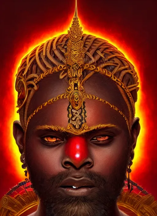 Prompt: angry orisha warrior god, bronze skin tone, bushy goatee, glowing red eyes, volumetric lights, earth tones and golden scheme, tribal and primitive, intricate, highly detailed, digital painting, artstation, concept art, smooth, sharp focus, illustration, kemetic symbolism, art by artgerm and greg rutkowski and alphonse mucha