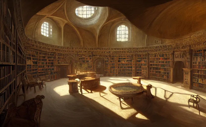 Prompt: painting of an interior of a hidden ring - shaped library overlooking the great room, well maintained, clean, medieval, fantasy genre, natural light, fantasy, natural light, concept art, by craig mullins, cozy atmospheric and cinematic lighting, trending on artstation