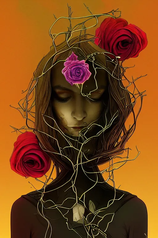 Image similar to 👁👩🏽🌹👾, phantom, dreary, dramatic, fluid, golden ratio, artstation, moebius + loish, hd, overgrown vines