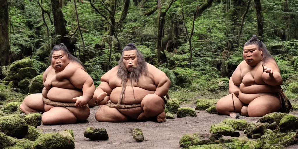 Image similar to photo, neanderthal people, sumo! japanese!, eating inside mcdonalds, gigantic forest trees, sitting on rocks, bright moon