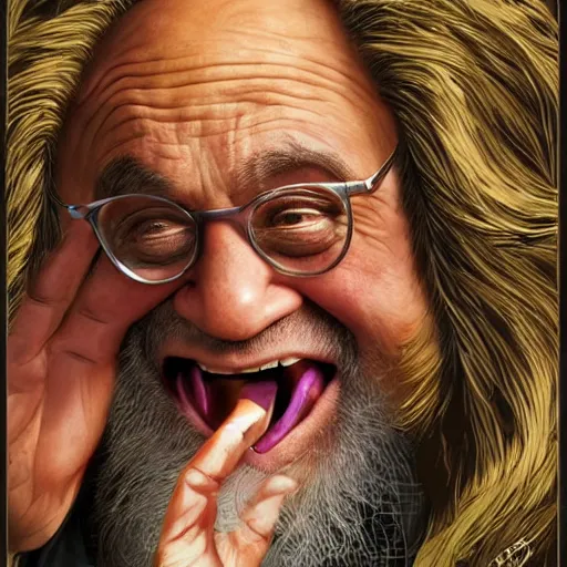 Image similar to Danny DeVito as angry wizard in adventure movie, highly detailed, sharp focus, digital painting, artwork by Victor Adame Minguez + Yuumei + Tom Lovell + Sandro Botticelli