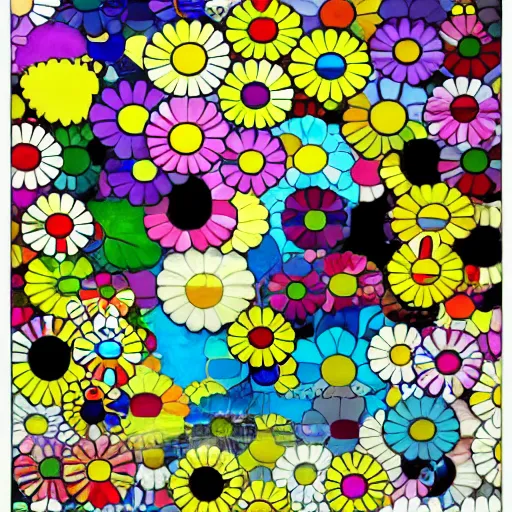 Image similar to silhouette of man's head exploding into flowers, bright colors, Takashi Murakami, Minimalist,