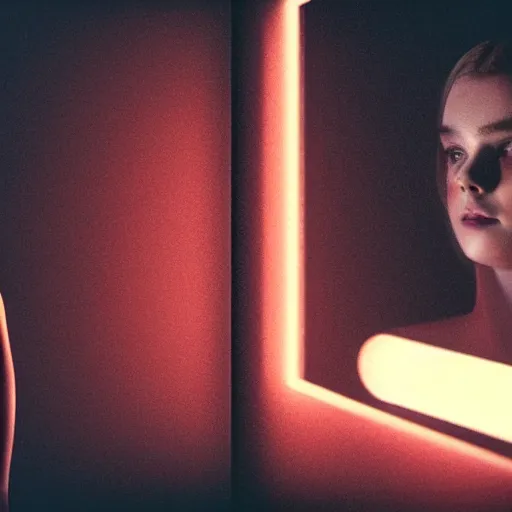 Prompt: silhouette of a Elle Fanning gazing in a mirror, pitch black room, extremely detailed masterpiece, oil on canvas, realist, low-key neon lighting, artstation, Blade Runner 2049, Roger Deakin’s cinematography, by Ali Cavanaugh,