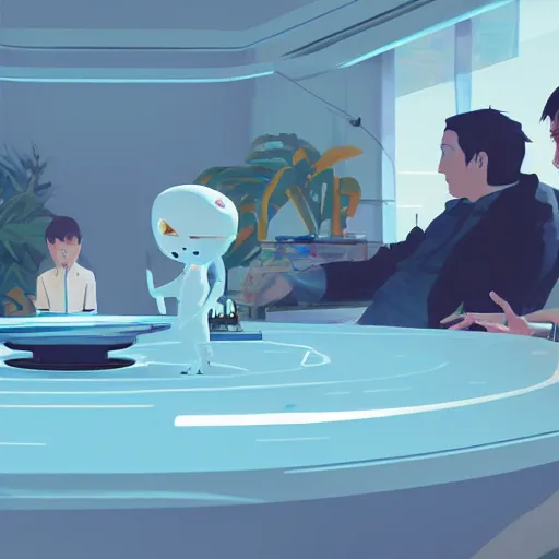 Image similar to Illustration of the secret meeting between Elon Musk, Jeff Bezos and Mark Zuckenberg to create the great simulation by Makoto Shinkai and James Gilleard