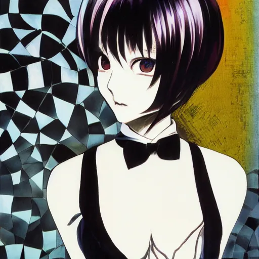 Image similar to Three quarter angle Yoshitaka Amano style portrait of an anime girl with short white hair and black eyes wearing tuxedo with patterns, abstract black and white background, film grain effect, highly detailed, oil painting, expressive brush strokes