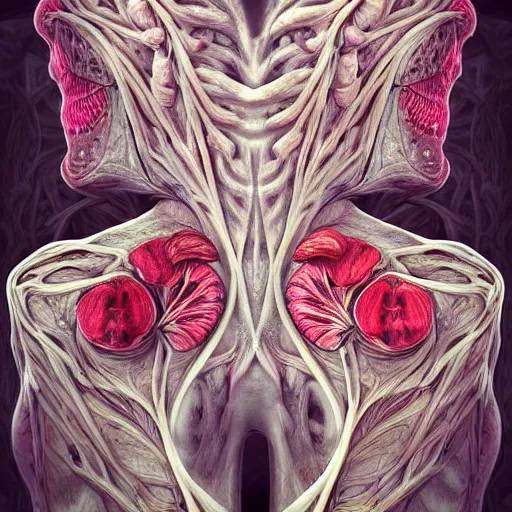 Prompt: a beautiful detailed photo of a two sides rotten woman corpse morphing into fractal plants and fractal flowers and mushrooms, muscles, veins, anatomical, intricate, ornate, volumetric light, beautiful lit, romero ressendi