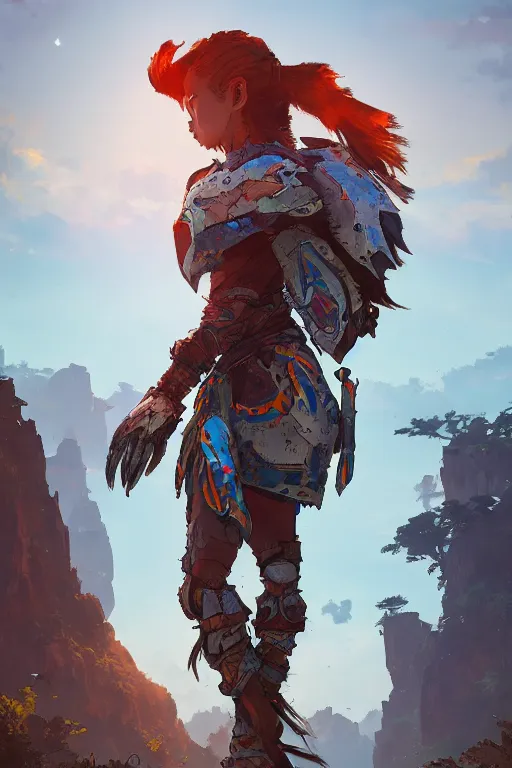 Image similar to combination suit armor aloy horizon forbidden west horizon zero dawn radiating a glowing aura global illumination ray tracing hdr fanart arstation by ian pesty and alena aenami artworks in 4 k tribal robot ninja mask helmet backpack