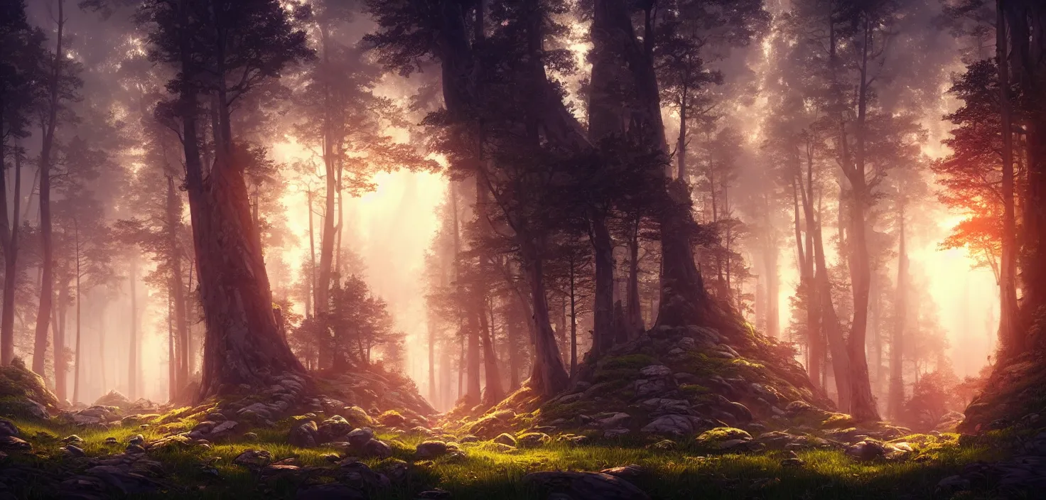 Image similar to random forest landscape, incredible, vector art, octane render, fabulous, hyper detailed, random cinematic view, no noise, global illumination, warm lighting, volumetric, godrays, vivid, beautiful, by jordan grimmer