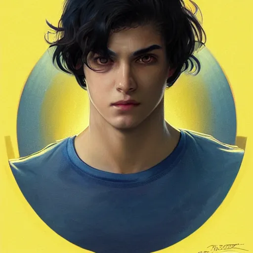 Image similar to ultra realistic illustration, a young man with black hair, in a yellow t - shirt, with blue eyes, highly detailed, digital painting, artstation, concept art, smooth, sharp focus, illustration, art by artgerm and greg rutkowski and alphonse mucha