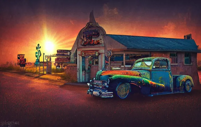 Image similar to A sunset light landscape with historical route66 made by Jheronimus Bosch, jugendstil, gustav klimt, lots of sparkling details and sun ray’s, blinding backlight, smoke, volumetric lighting, colorful, octane, 35 mm, abandoned gas station, old rusty pickup-truck, beautiful epic colored reflections, very colorful heavenly, light colors