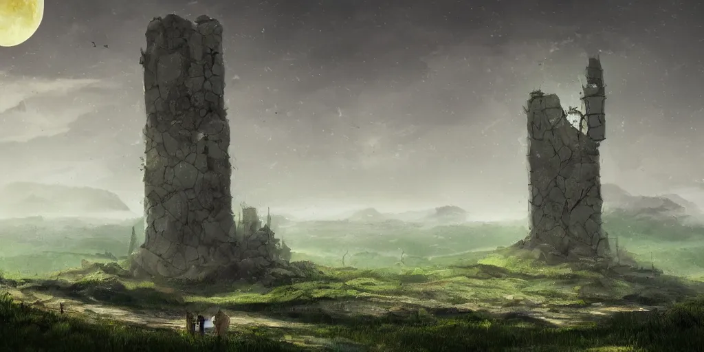 Image similar to The great marble wizards tower, painted landscape,green fields in the background, moody lighting, moon in the night sky, sharp image, artstation, colorful digital art