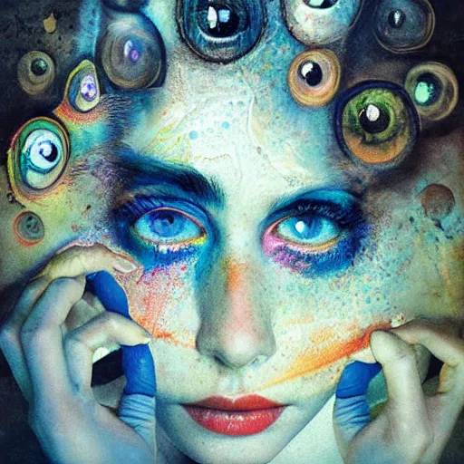 Prompt: A beautiful collage a large eye that is looking directly at the viewer. The eye is composed of a myriad of colors and patterns, and it is surrounded by smaller eyes. The smaller eyes appear to be in a state of hypnosis, and they are looking in different directions. by Norman Cornish, by Brooke Shaden playful
