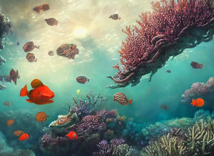 Image similar to epic cinematic artwork of a steam train underwater, coral reef, beautiful artwork by rutowski and brom,