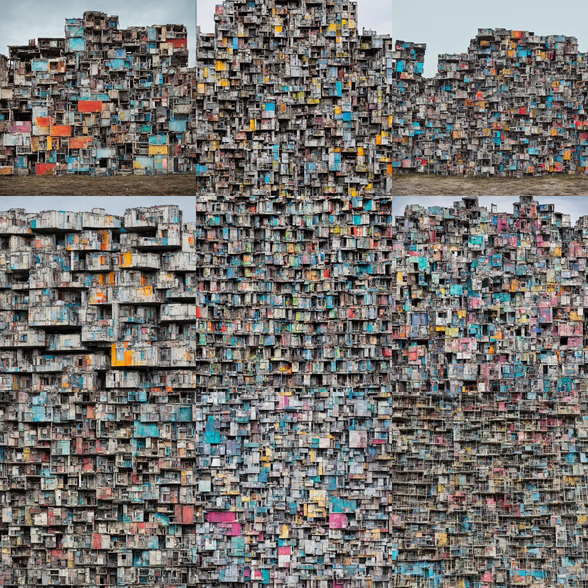 Prompt: close - up view of makeshift brutalist structure made up of colourful squatter shacks, faded colours, plain uniform sky, mamiya, very detailed, photographed by cristina de middel