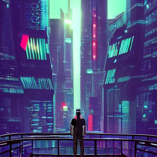 Image similar to a man standing on top of a bridge over a city, cyberpunk art by vincent lefevre, behance contest winner, altermodern, cityscape, synthwave, matte painting