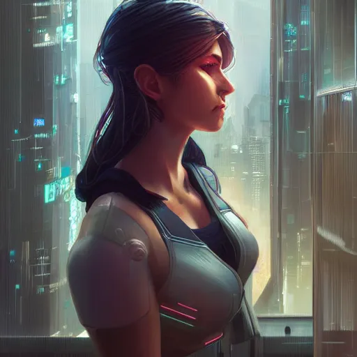 Prompt: portrait of cyberpunk woman looking out of a window, cyberpunk setting, futuristic, highly detailed, intricate lighting, digital painting, sharp focus, illustration, trending on artstation, art by charlie bowater.