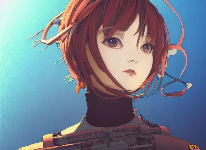 Image similar to last exile, ilya kuvshinov illustration colorful anime portrait of shiina ringo, murata range, blue submarine no 6, manga, fine texture, detailed, perfect anime face, dramatic lighting, rich texture, dynamic composition, moody, vivid, volumetric light, alphonse mucha, fine stippled lighting, grain, art deco, cel shading,