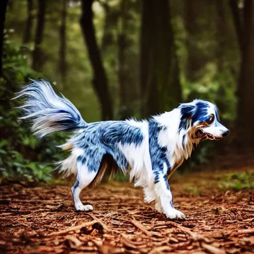 Image similar to blue Merle australian Shepard running through a forest, photography, hyper realistic