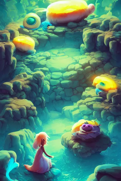 Image similar to smurf ghost creature animal sushi cristal very big eye roots cactus elemental flush of force nature micro world fluo fishscale, behance hd by jesper ejsing, by rhads, makoto shinkai and lois van baarle, ilya kuvshinov, rossdraws radiating a glowing aura global illumination ray tracing hdr