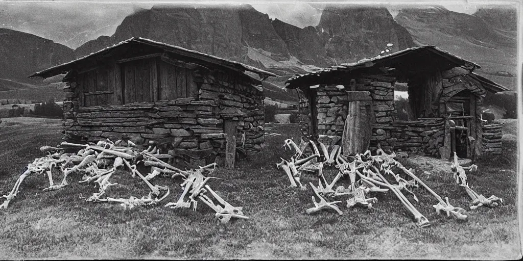 Prompt: 1 9 2 0 s photography of an old farmers hut in the dolomites, farmer with seizure lying on the ground, farmer tools, wooden cross, bones, haystack, dark, eerie, grainy