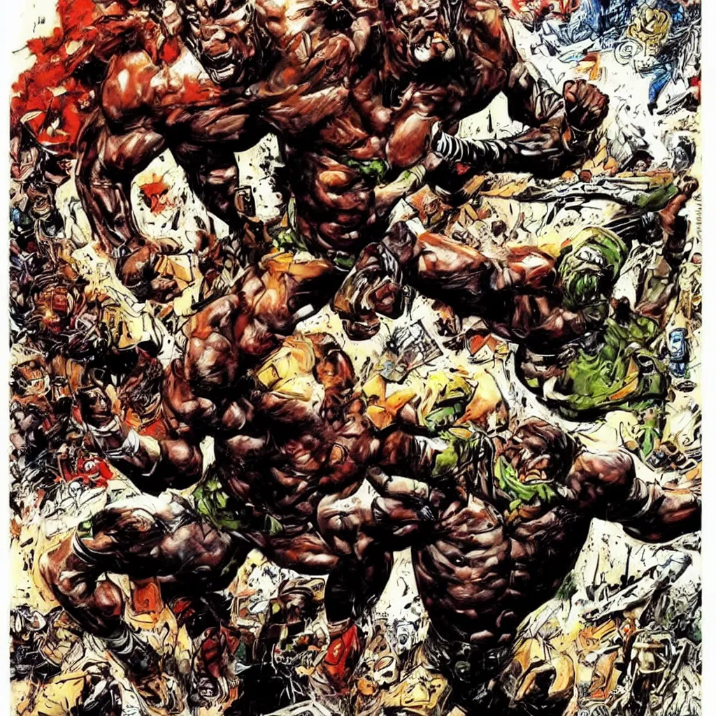 Image similar to art style simon bisley, big african superhero raising fist