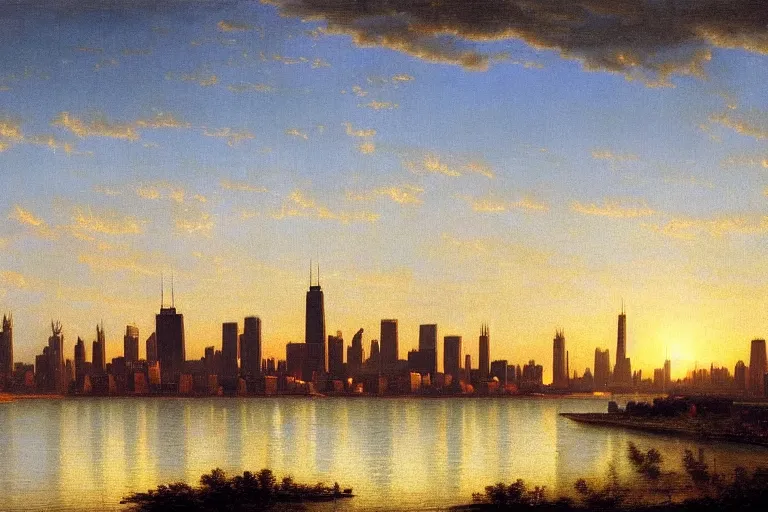 Image similar to chicago skyline, painted by hudson river school, dramatic lighting, artstation