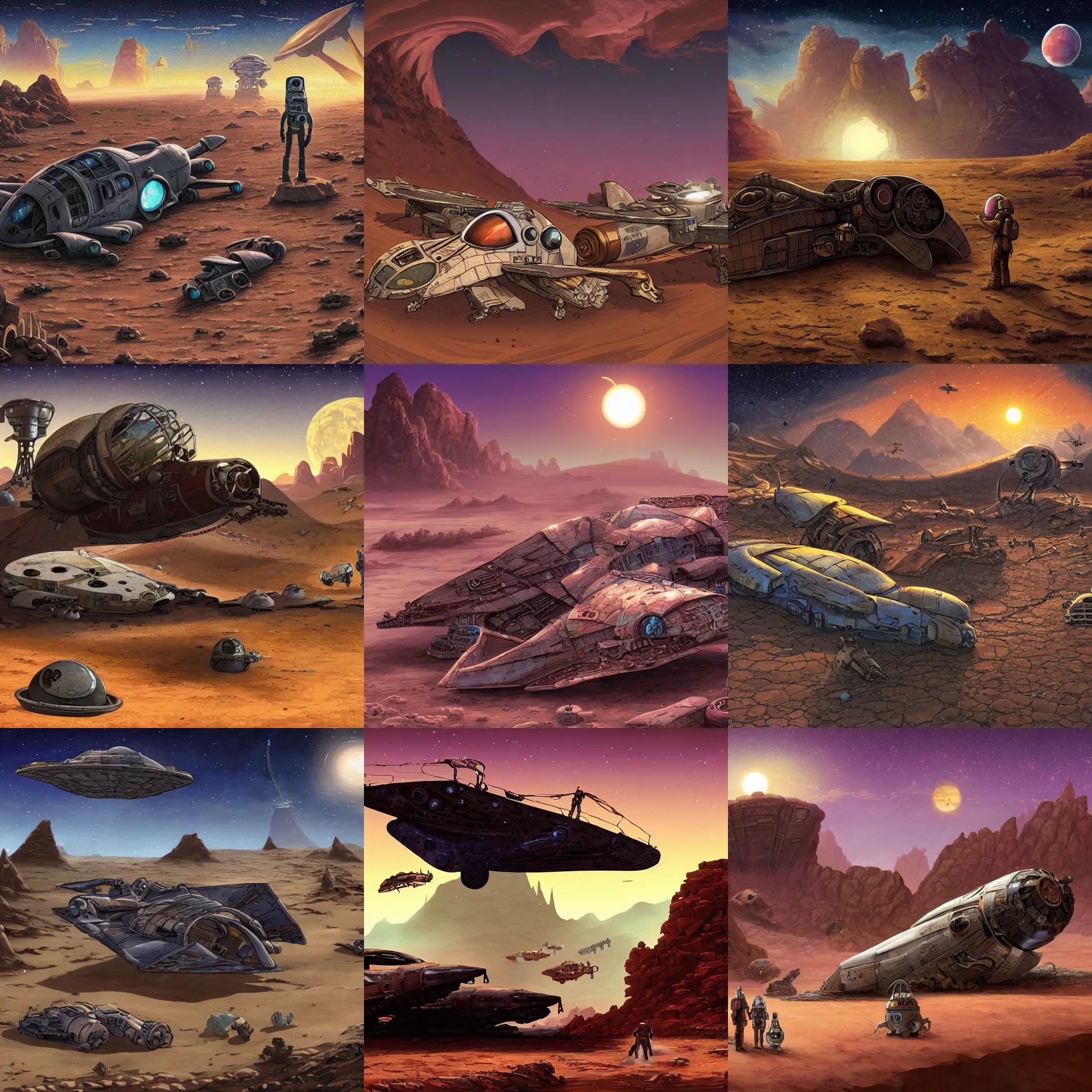 Prompt: in front of a crashed fighter spacecraft on a remote desert planet, from a space themed point and click 2 d graphic adventure game, art inspired by steampunk and thomas kinkade