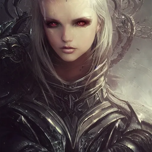 Image similar to kerli koiv as a paladin, darkwave, darksynth, concept headshot art, sharp, digital matte painting, art by luis royo, greg rutkowski, wlop, dramatic lighting, trending on artstation