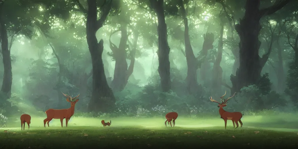 Prompt: a stylized 2 d cinematic keyframe of abeautiful forest with deers, joy gaze, cel - shaded, classical animation, edge - to - edge print, rendered by studio ghibli, artgerm, alyssa monks, andreas rocha, david kassan, neil blevins, rule of thirds, golden ratio, ambient lighting, art