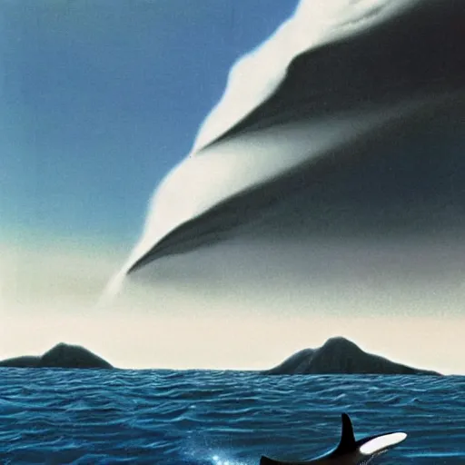 Image similar to a Killer Whale erupts from a turbulent ocean, in the background we see mountains and blue skies, by Chesley Bonestell, as featured on artstation, 3D