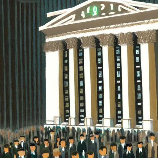 Prompt: solarpunk dreaming New York stock exchange, painted by Alex Katz, highly detailed