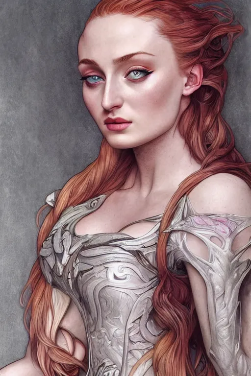 Prompt: sophie turner looking cute, anatomy, cute, fantasy, intricate, elegant, highly detailed, digital painting, 4 k, hdr, concept art, smooth, sharp focus, illustration, art by artgerm and h r giger and alphonse mucha