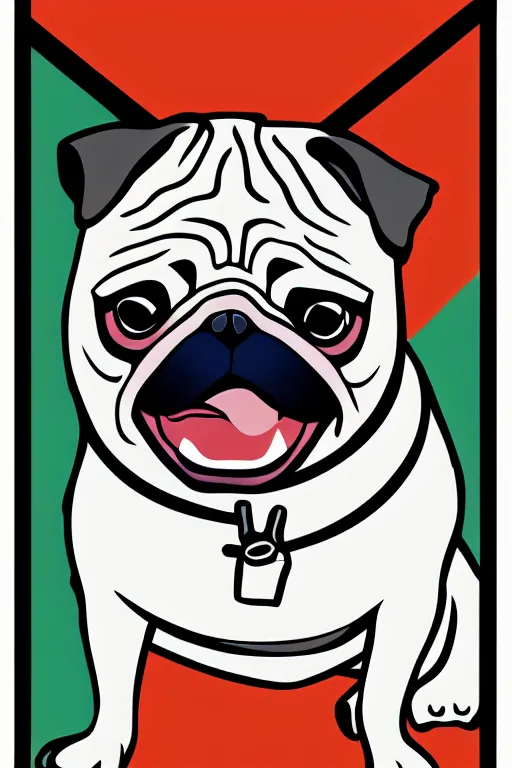 Image similar to Pug as a evil killer, sticker, colorful, illustration, highly detailed, simple, smooth and clean vector curves, no jagged lines, vector art, smooth