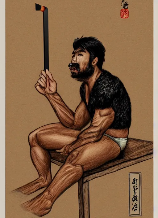 Prompt: muscular man sitting down with a popsicle in mouth, tan skin, stubble, black hair, hairy chest hair, detailed traditional Japanese house, drawn by Tetsuo Hara, 4K