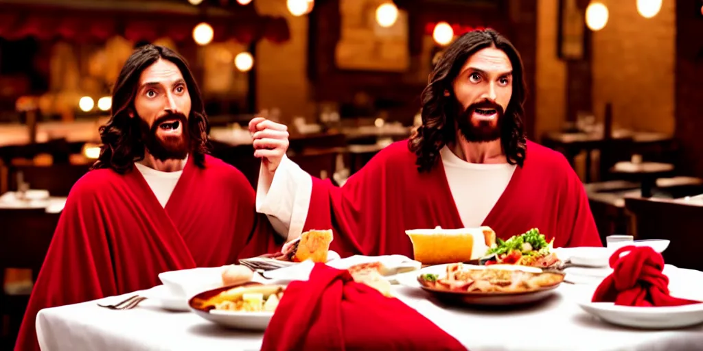 Prompt: jesus christ in a robe and red scarf, in a restaurant, on a date, yelling at a waiter