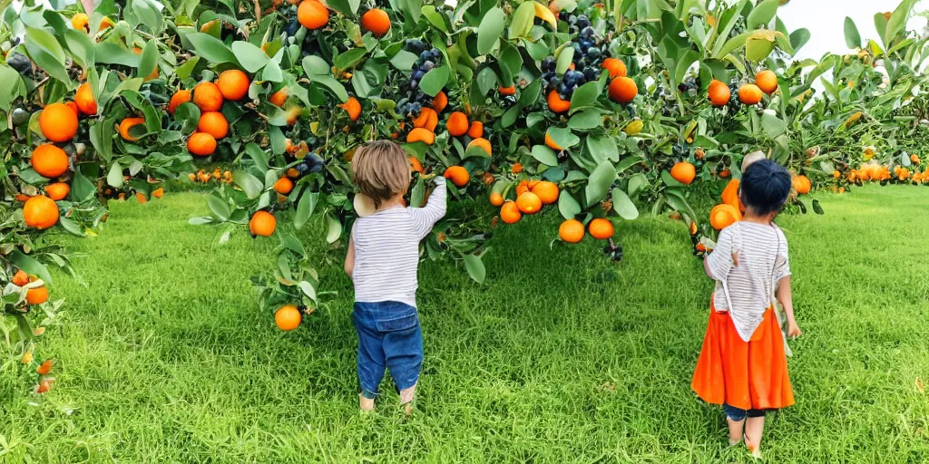 Prompt: a small child picking blueberries in a field growing an orange tree with red, green and yellow oranges hanging on it, on a bright and sunny morning