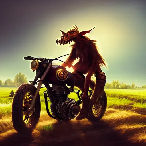 Image similar to a goblin wearing high riding boots riding a steampunk motorcycle on a dirt road in a meadow in mid day, volumetric light, soft ligthing, soft shadows, hyperdetailed, artstation, cgsociety, 8k