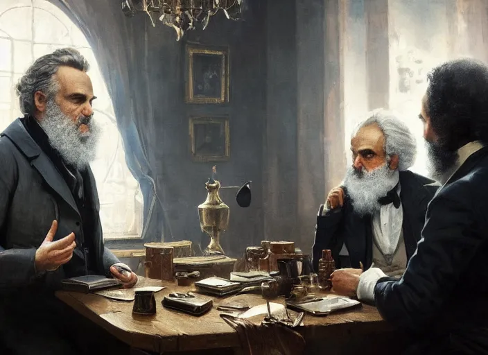 Image similar to Jordan Peterson having a conversation with Karl Marx by Greg Rutkowski, 4k, masterpiece