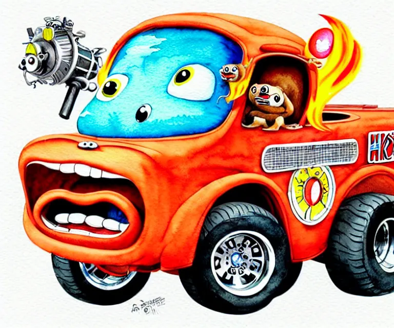 Image similar to cute and funny, beaver driving a tiny hot rod fire truck with an oversized engine, ratfink style by ed roth, centered award winning watercolor pen illustration, isometric illustration by chihiro iwasaki, edited by craola, tiny details by artgerm and watercolor girl, symmetrically isometrically centered