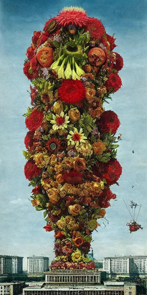 Image similar to colossal Beelzebub flower in the middle of post soviet constructivist cityscape, Stalinist architecture, brutalist architecture, ultradetailed, Intricate by Giuseppe Arcimboldo and MC Esher and Wes Anderson and H.R. Giger