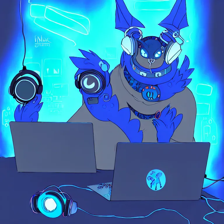 Prompt: a chubby anthropomorphic male blue dragon fursona wearing a cybernetic suit, headphones on his head, laptop, cyberpunk, furry, vivid saturation, oil on canvas, digital art, soft lighting
